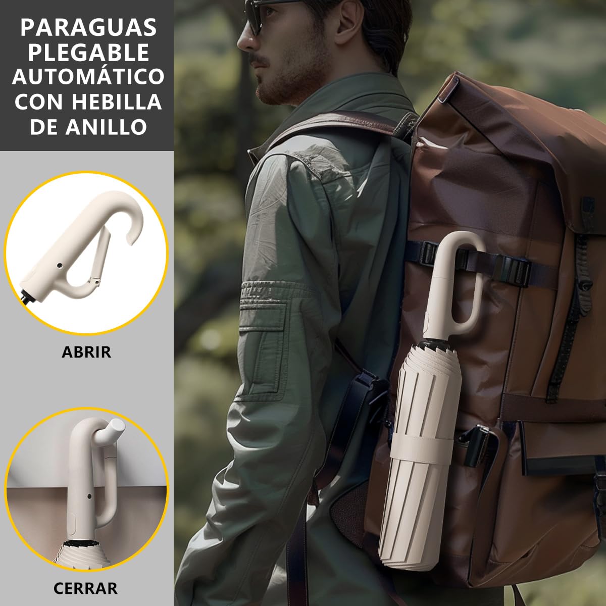 Paraguas Plegable Automático con Hebilla de Anillo, Paraguas de Bolsillo Reforzado, Sombrilla Grande Resistente al Viento, Con 20 Varillas Reflectantes y Protección UV, Para Hombres y Mujeres
