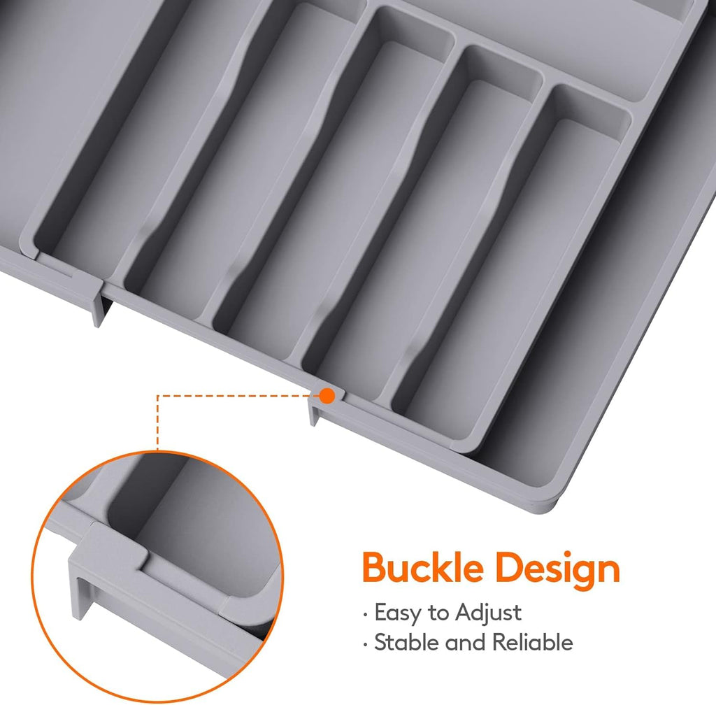 Lifewit Organizador de cubiertos, bandeja extensible para cubiertos, cubertero para cajón de cocina, organizador ajustable y compacto para cucharas, tenedores y cuchillos, grande, negro