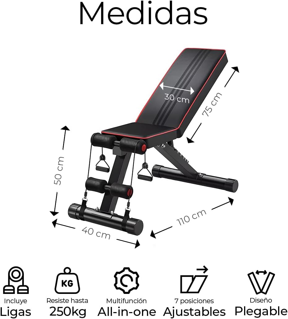 Banco de Pesas Ajustable Raganet 7 Posiciones – Plegable hasta 250 kg | Incluye 2 Ligas