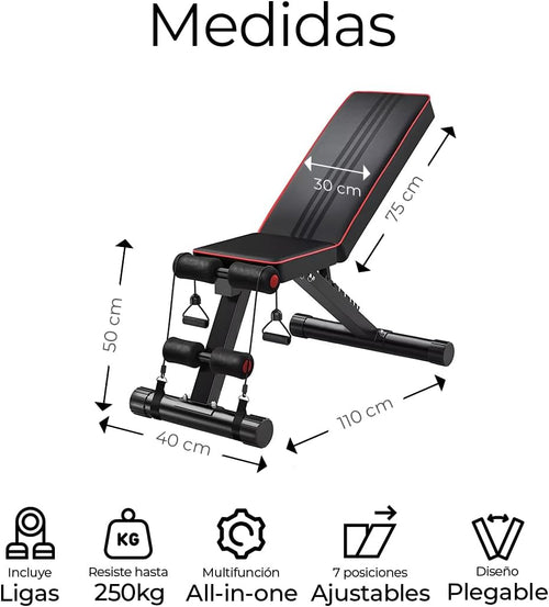 Banco de Pesas Ajustable Raganet 7 Posiciones – Plegable hasta 250 kg | Incluye 2 Ligas