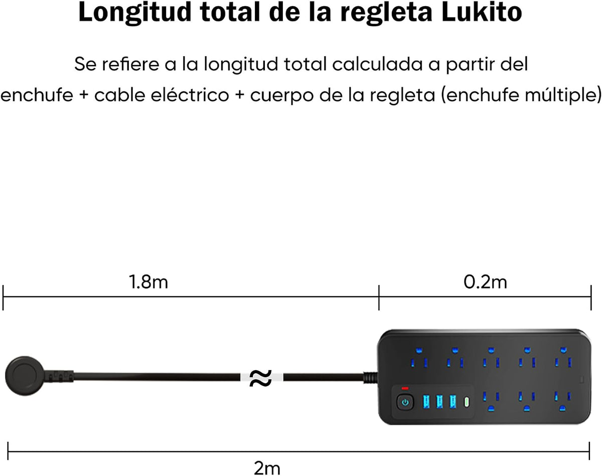 LUKITO Multicontacto Regleta 12 En1, Extensión Eléctrica con Protección contra Sobrecargas, Conector Multiple para Escritorio con Cable De 1.8m, 8 Salidas CA Y 4 Puertos USB (1 USB-c)