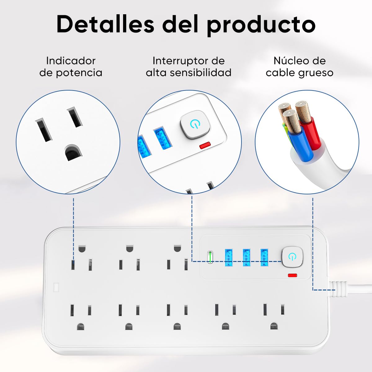 LUKITO Multicontacto Regleta 12 En1, Extensión Eléctrica con Protección contra Sobrecargas, Conector Multiple para Escritorio con Cable De 1.8m, 8 Salidas CA Y 4 Puertos USB (1 USB-c)