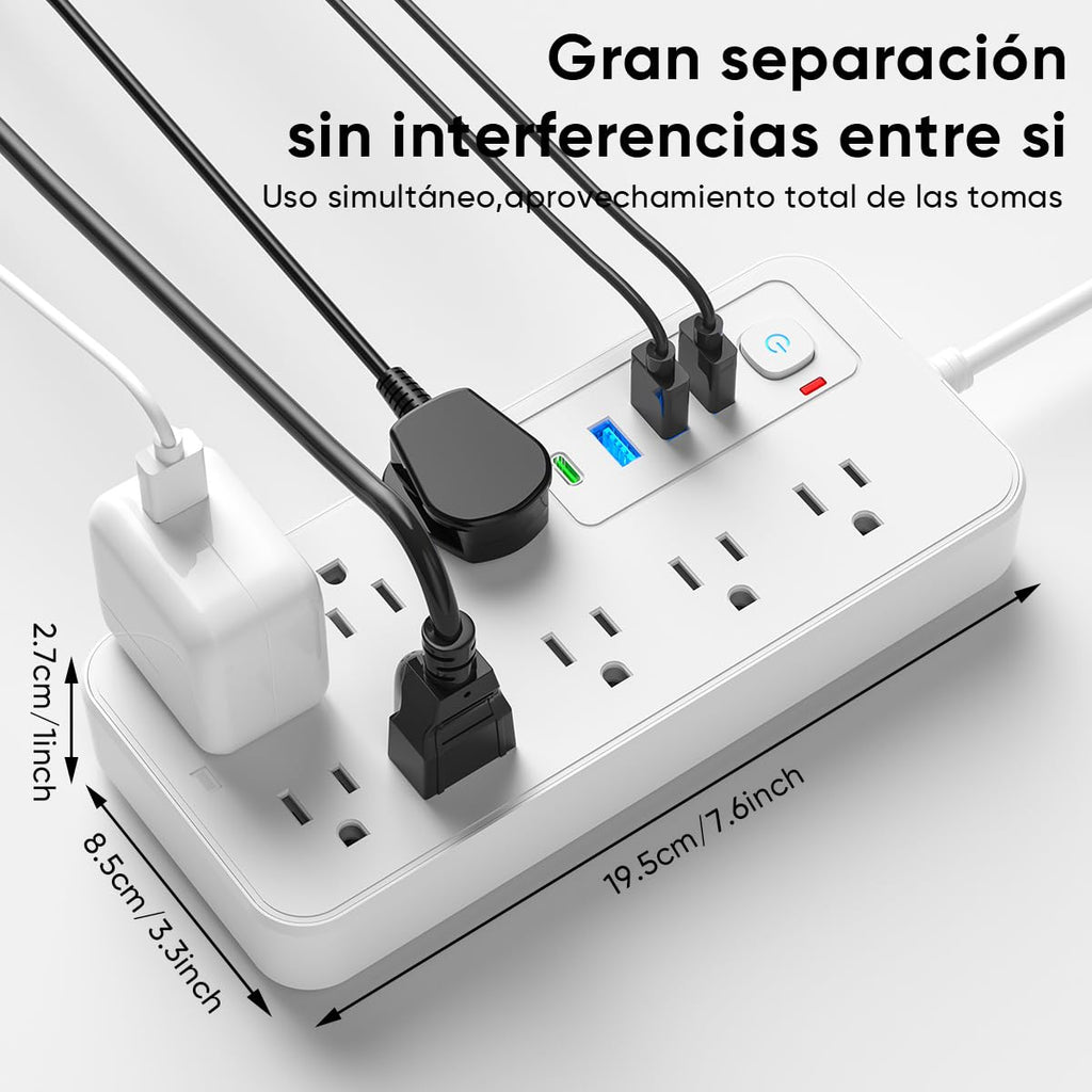 LUKITO Multicontacto Regleta 12 En1, Extensión Eléctrica con Protección contra Sobrecargas, Conector Multiple para Escritorio con Cable De 1.8m, 8 Salidas CA Y 4 Puertos USB (1 USB-c)