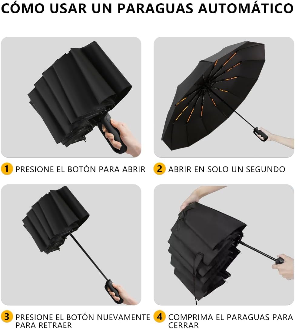 Paraguas Plegable Automático con Hebilla de Anillo, Paraguas de Bolsillo Reforzado, Sombrilla Grande Resistente al Viento, Con 20 Varillas Reflectantes y Protección UV, Para Hombres y Mujeres