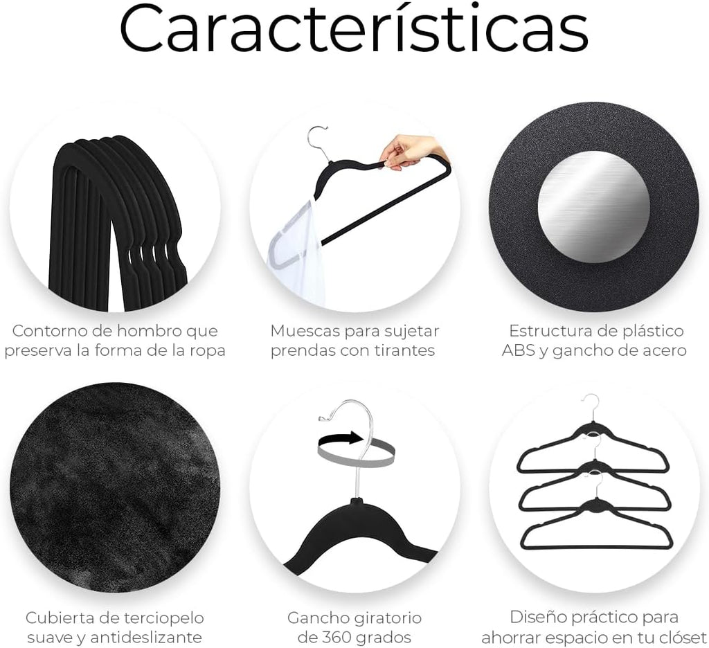 RagaBasics, Set de 50 Ganchos Metalicos Cubiertos con Terciopelo, Perchas de Alta Calidad, Gancho con Rotacion 360°, Ganchos Antideslizantes y Resistentes (Negro)