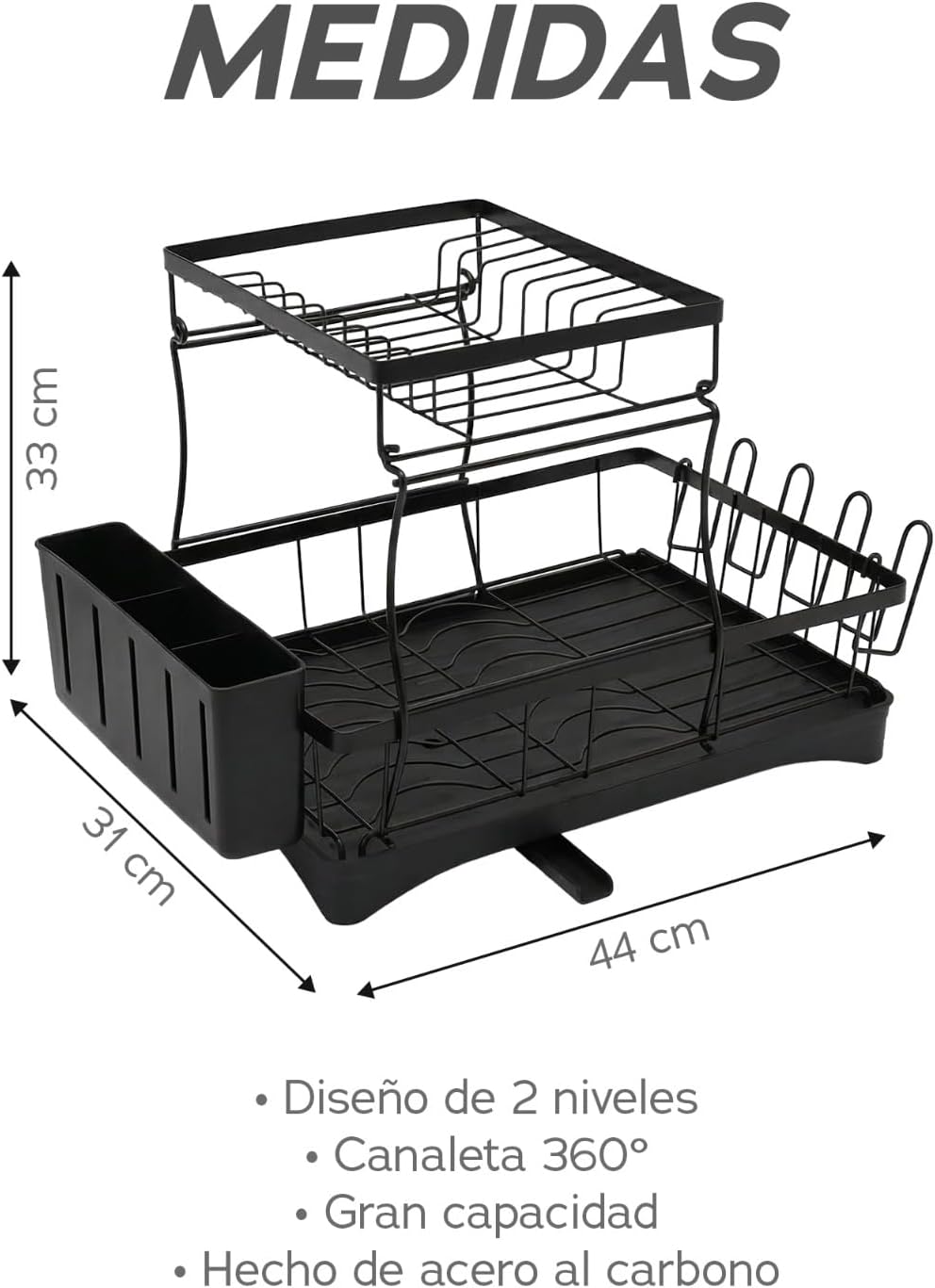 Raganet, Escurridor de Trastes Profesional 2 Niveles, Diseño de Acero Inoxidable Color Negro con Bandeja de Canaleta en 360°, Soporte de Vajilla, Vasos, Cubiertos y Accesorios de Cocina (42 x 33 cm)
