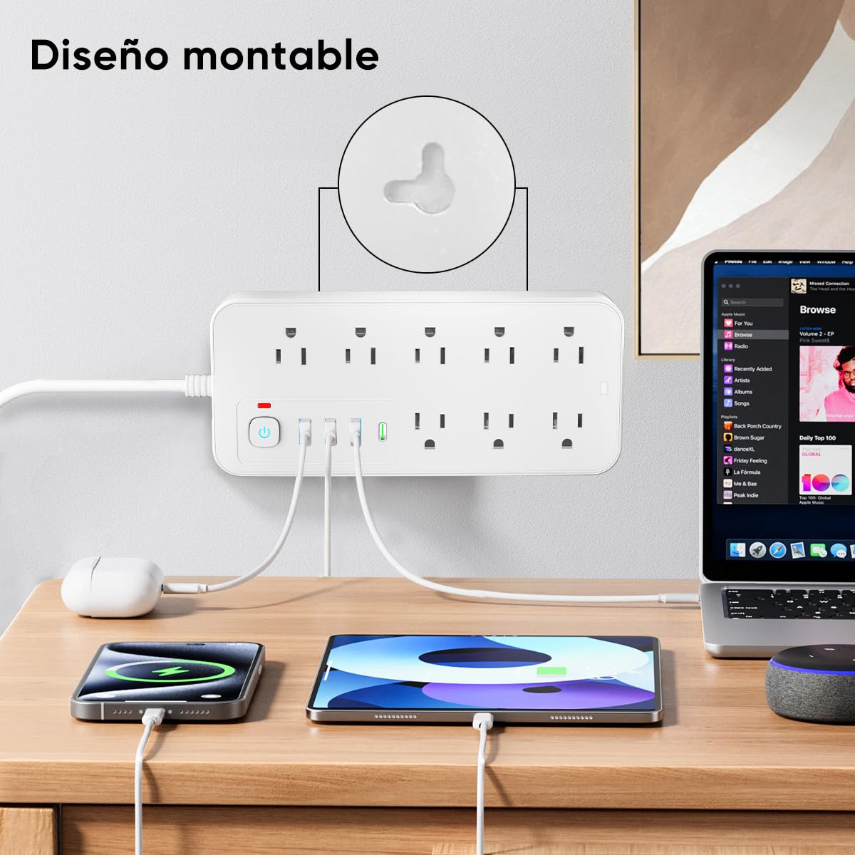 LUKITO Multicontacto Regleta 12 En1, Extensión Eléctrica con Protección contra Sobrecargas, Conector Multiple para Escritorio con Cable De 1.8m, 8 Salidas CA Y 4 Puertos USB (1 USB-c)
