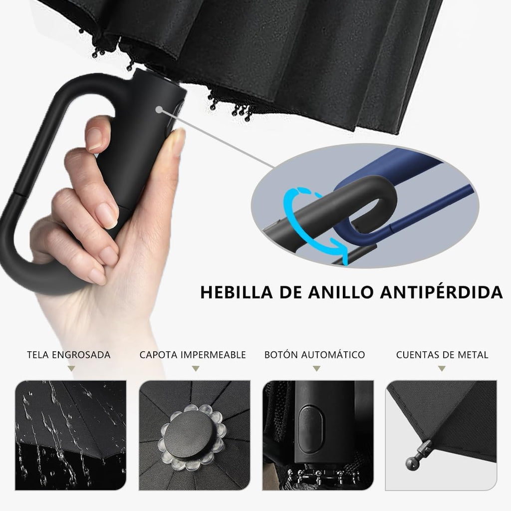 Paraguas Plegable Automático con Hebilla de Anillo, Paraguas de Bolsillo Reforzado, Sombrilla Grande Resistente al Viento, Con 20 Varillas Reflectantes y Protección UV, Para Hombres y Mujeres