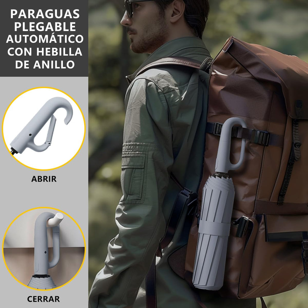 Paraguas Plegable Automático con Hebilla de Anillo, Paraguas de Bolsillo Reforzado, Sombrilla Grande Resistente al Viento, Con 20 Varillas Reflectantes y Protección UV, Para Hombres y Mujeres