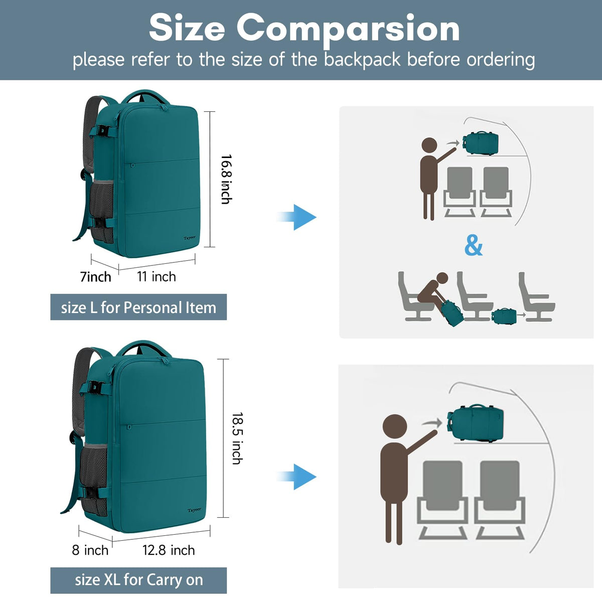 Mochila de viaje Taygeer de 35L, 10 kg para avión, para hombre y mujer, negra