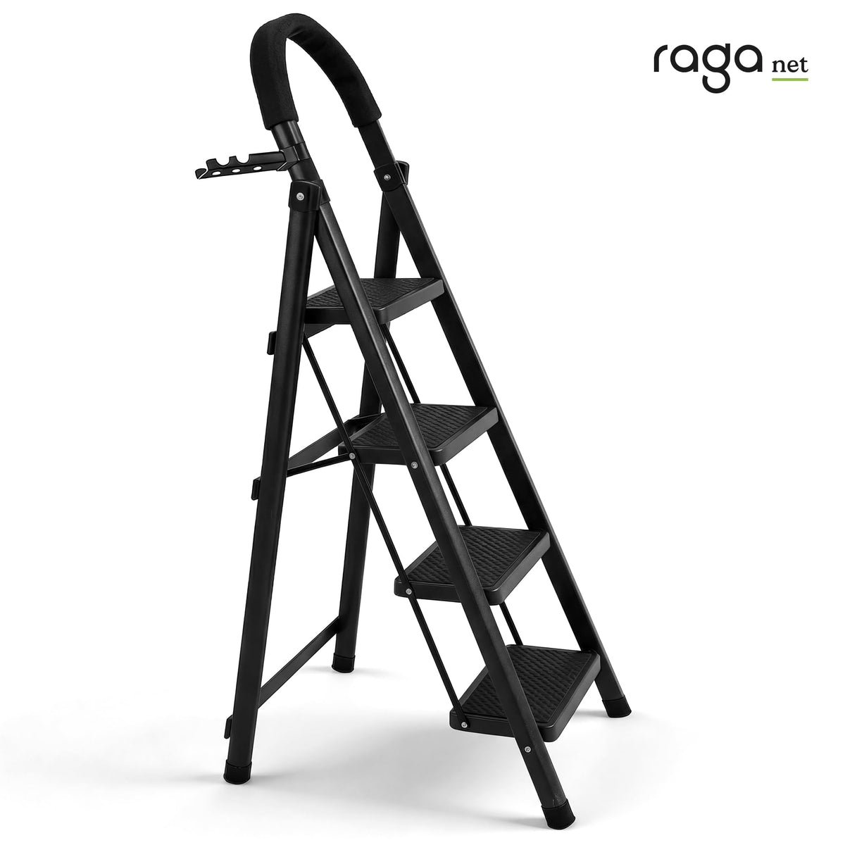 Raganet, Escalera de Tijera de 3 Peldaños, Escalera Tubular, Escalera Plegable Hecha de Acero Inoxidable, Escalones y Patas Antideslizantes, Altura Maxima 111cm Color Blanco (3 Peldaños)