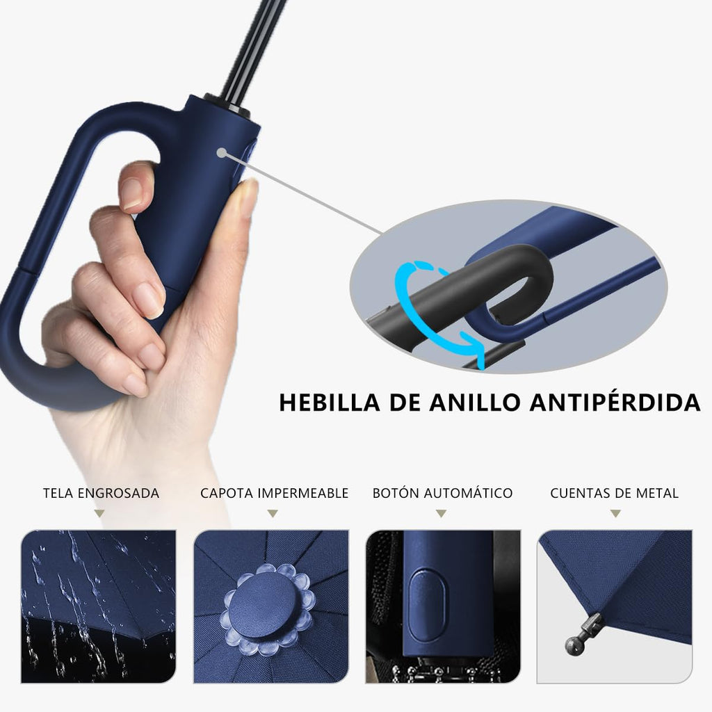 Paraguas Plegable Automático con Hebilla de Anillo, Paraguas de Bolsillo Reforzado, Sombrilla Grande Resistente al Viento, Con 20 Varillas Reflectantes y Protección UV, Para Hombres y Mujeres