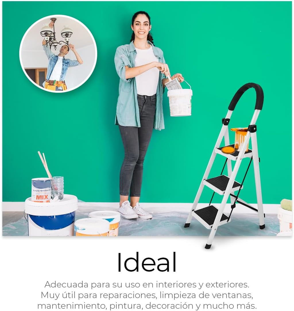 Raganet, Escalera de Tijera de 3 Peldaños, Escalera Tubular, Escalera Plegable Hecha de Acero Inoxidable, Escalones y Patas Antideslizantes, Altura Maxima 111cm Color Blanco (3 Peldaños)