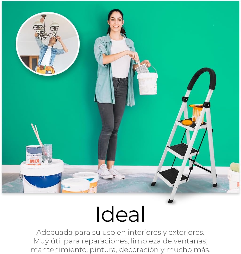 Raganet, Escalera de Tijera de 3 Peldaños, Escalera Tubular, Escalera Plegable Hecha de Acero Inoxidable, Escalones y Patas Antideslizantes, Altura Maxima 111cm Color Blanco (3 Peldaños)