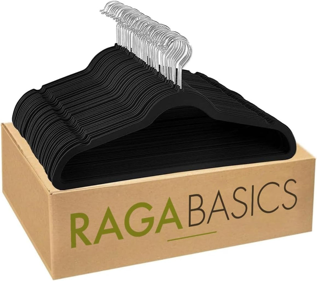 RagaBasics, Set de 50 Ganchos Metalicos Cubiertos con Terciopelo, Perchas de Alta Calidad, Gancho con Rotacion 360°, Ganchos Antideslizantes y Resistentes (Negro)