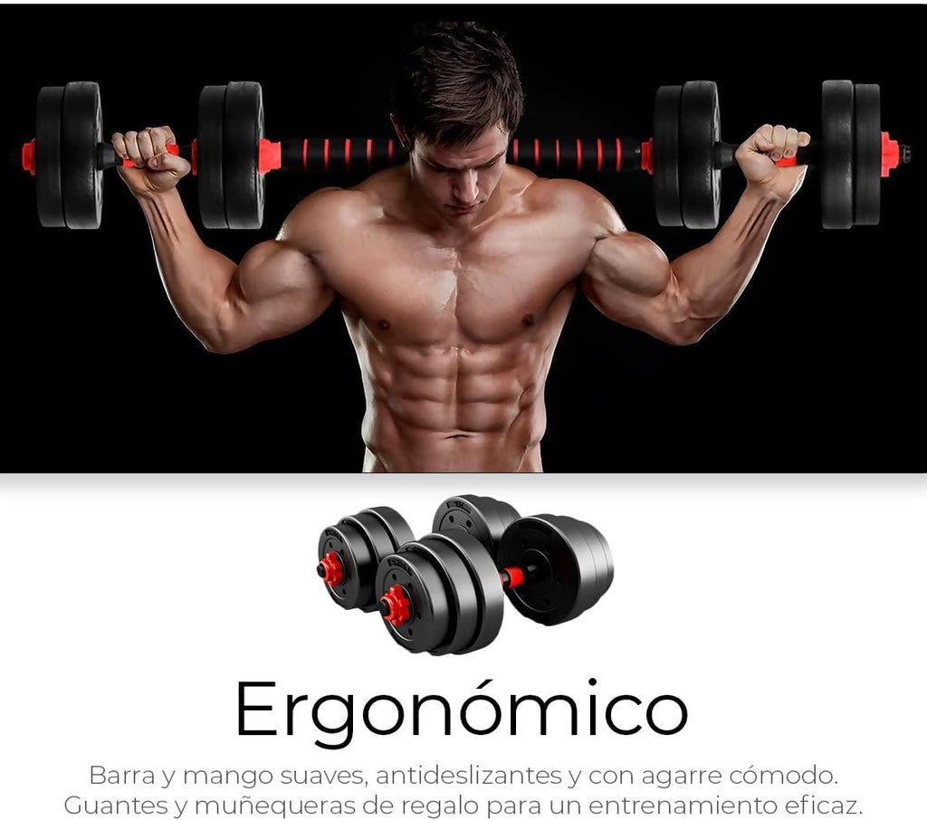 Kit de Pesas Ajustables 3 en 1 Raganet – Mancuernas + Barra | Incluye Guantes de Gym