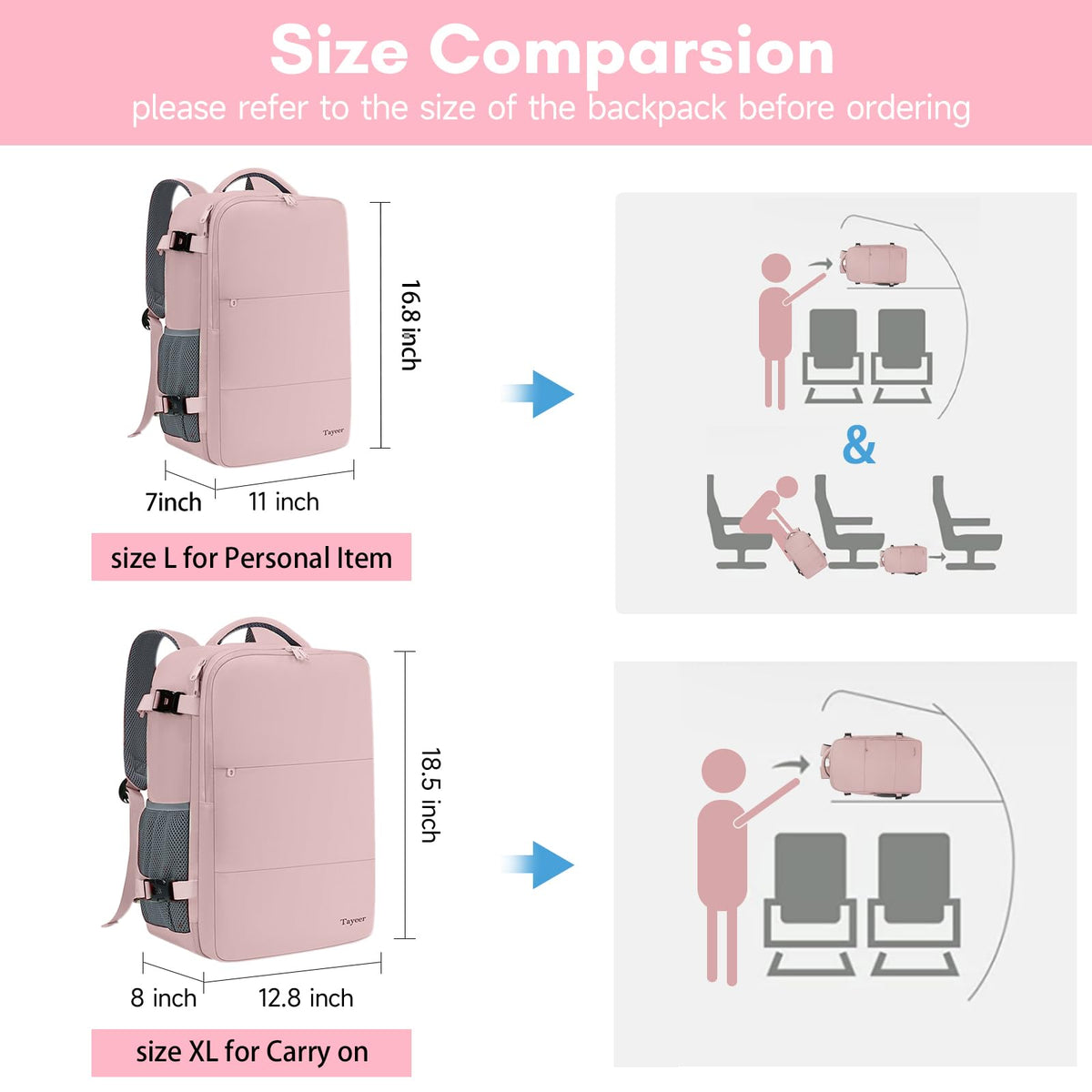 Mochila de viaje Taygeer de 35L, 10 kg para avión, para hombre y mujer, negra