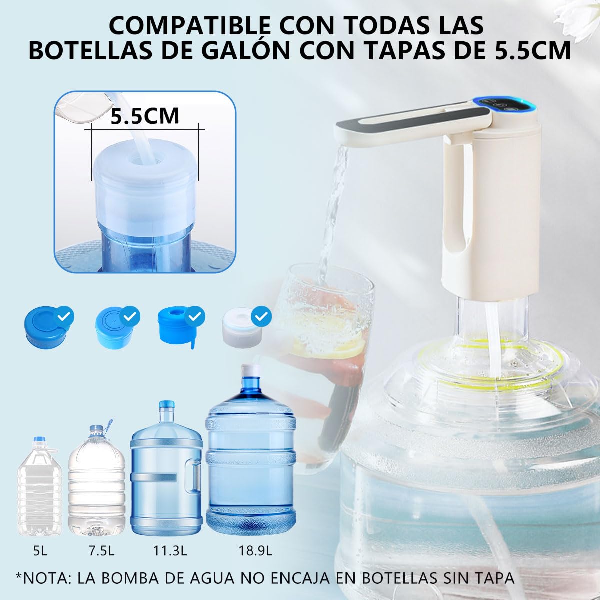 Dispensador de Agua Garrafón Plegable con 3 Modos y Luz LED, Bomba de Agua de Inalámbrica Recargable Portátil, Despachador de Agua Automático Rápido para Botellas de Galón de 4.5L a 20L