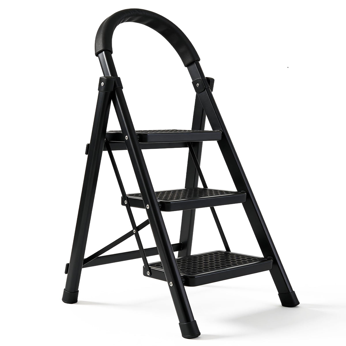 Raganet, Escalera de Tijera de 3 Peldaños, Escalera Tubular, Escalera Plegable Hecha de Acero Inoxidable, Escalones y Patas Antideslizantes, Altura Maxima 111cm Color Blanco (3 Peldaños)