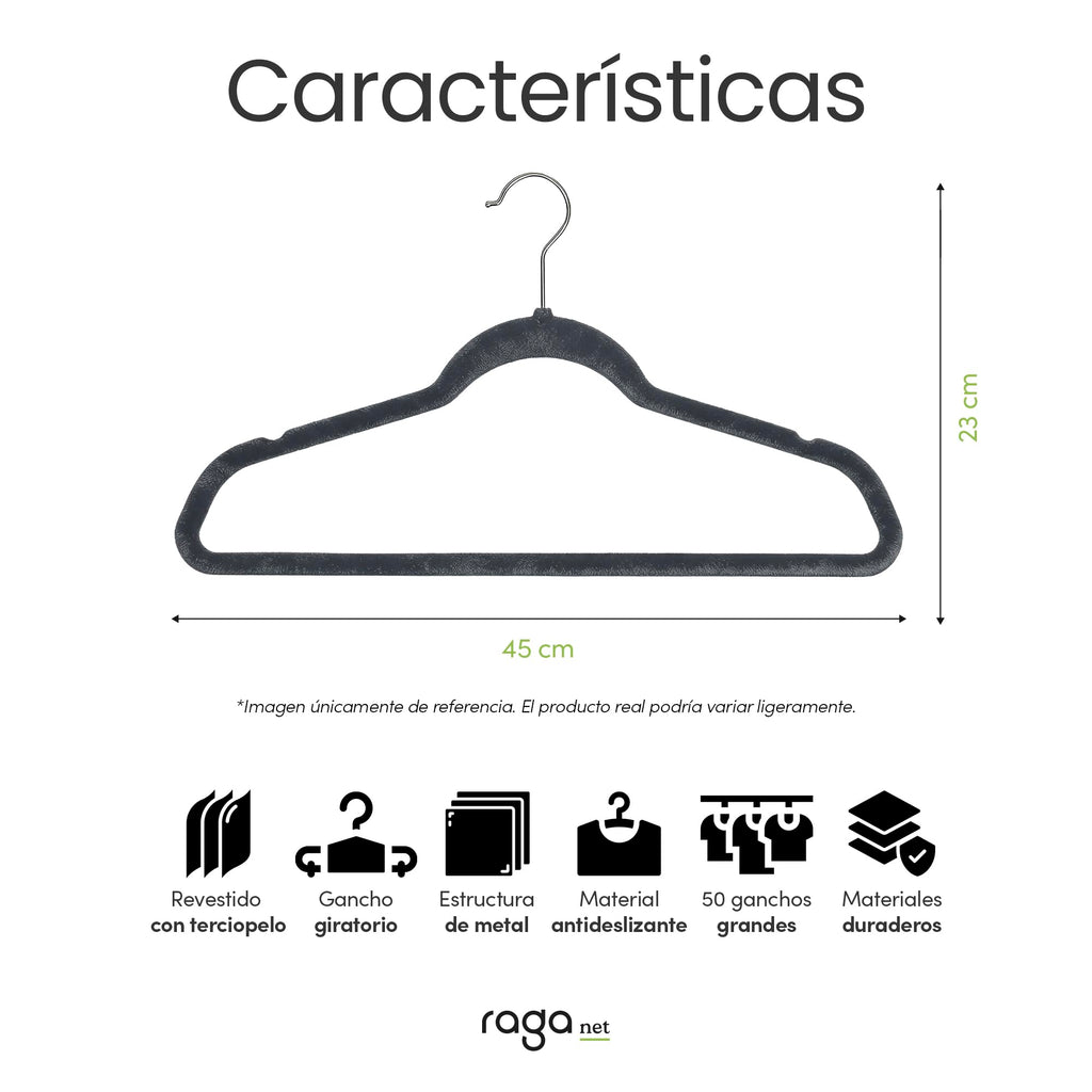 RagaBasics, Set de 50 Ganchos Metalicos Cubiertos con Terciopelo, Perchas de Alta Calidad, Gancho con Rotacion 360°, Ganchos Antideslizantes y Resistentes (Negro)