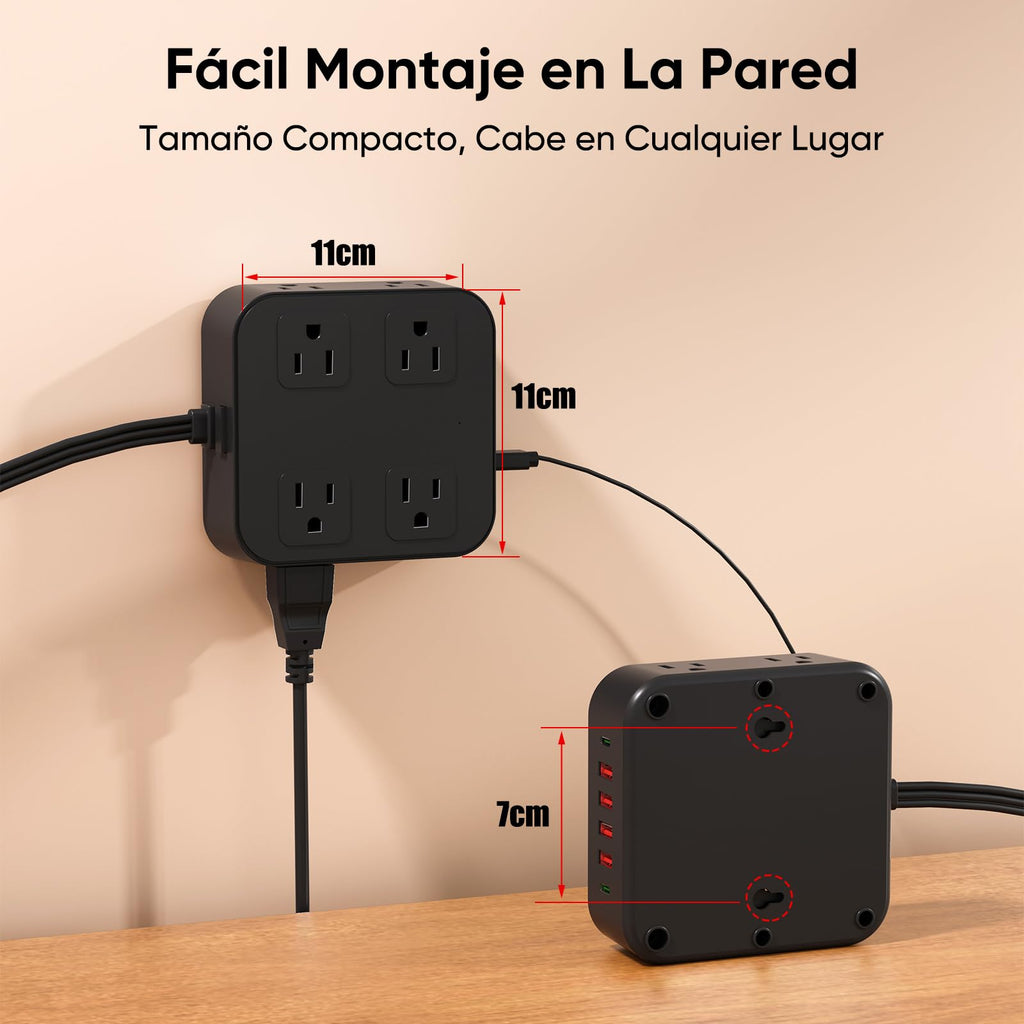LUKITO Multicontacto Regleta 12 En1, Extensión Eléctrica con Protección contra Sobrecargas, Conector Multiple para Escritorio con Cable De 1.8m, 8 Salidas CA Y 4 Puertos USB (1 USB-c)