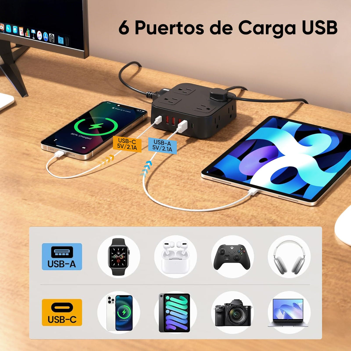 LUKITO Multicontacto Regleta 12 En1, Extensión Eléctrica con Protección contra Sobrecargas, Conector Multiple para Escritorio con Cable De 1.8m, 8 Salidas CA Y 4 Puertos USB (1 USB-c)