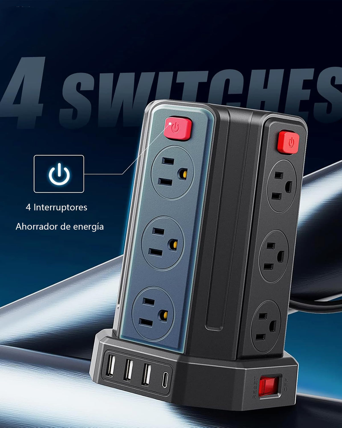 SMALLRT Torre Regleta Multicontacto, Extensión Eléctrica Plana de 3.04M, Negro