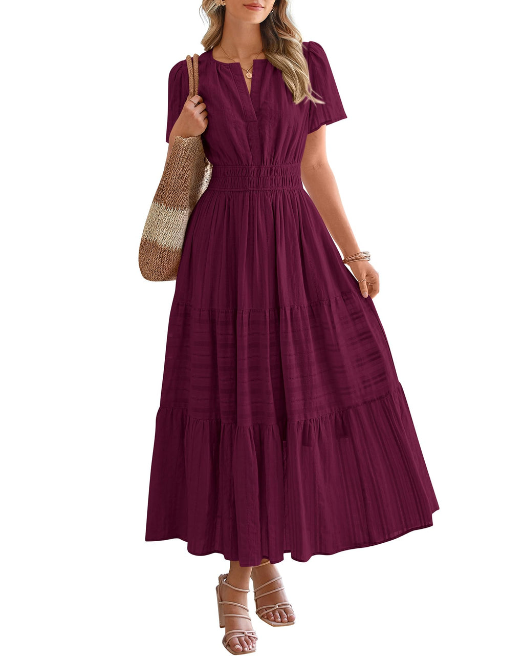 BTFBM - Vestido largo casual de verano 2025 midi y maxi para mujer, ligero, manga corta, cuello en V, cintura elástica, con bolsillos, estilo bohemio para playa
