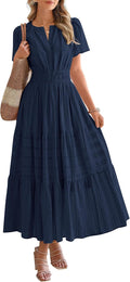 BTFBM - Vestido largo casual de verano 2025 midi y maxi para mujer, ligero, manga corta, cuello en V, cintura elástica, con bolsillos, estilo bohemio para playa