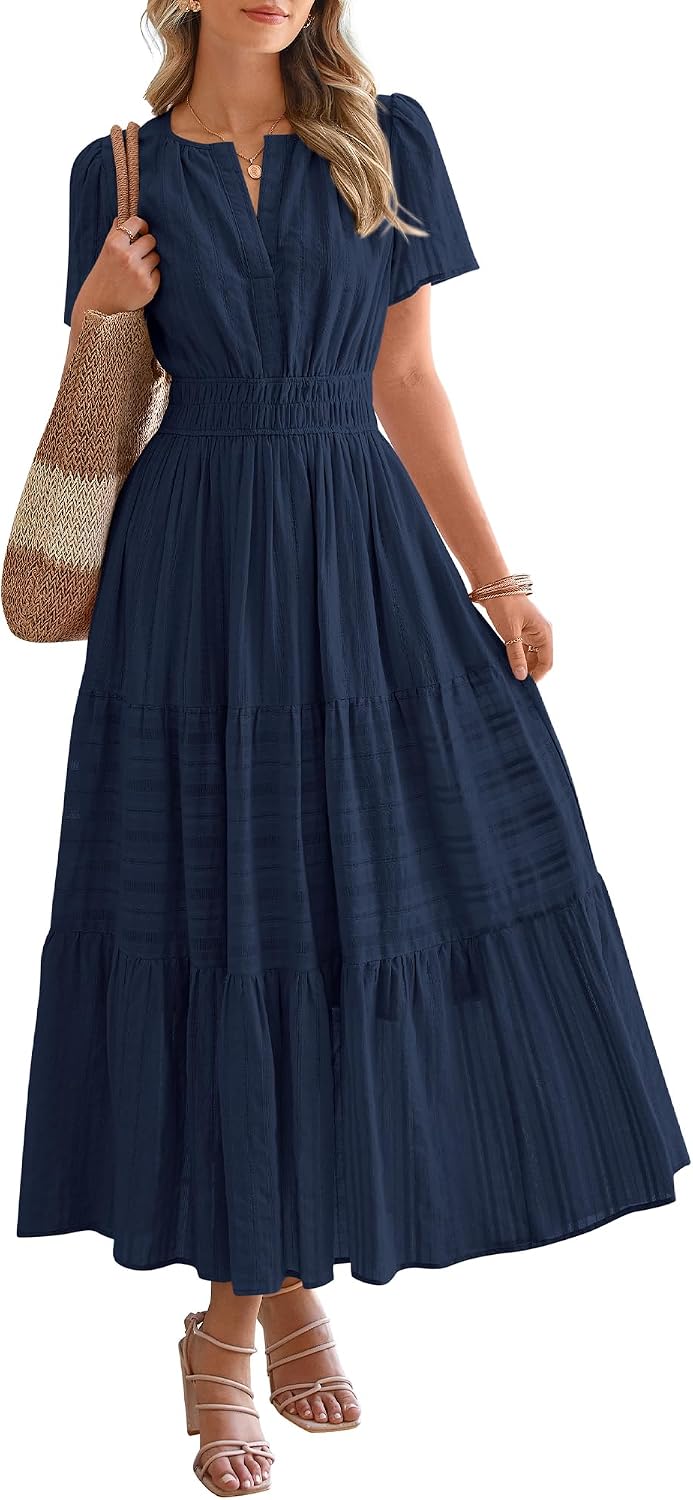 BTFBM - Vestido largo casual de verano 2025 midi y maxi para mujer, ligero, manga corta, cuello en V, cintura elástica, con bolsillos, bohemio para playa