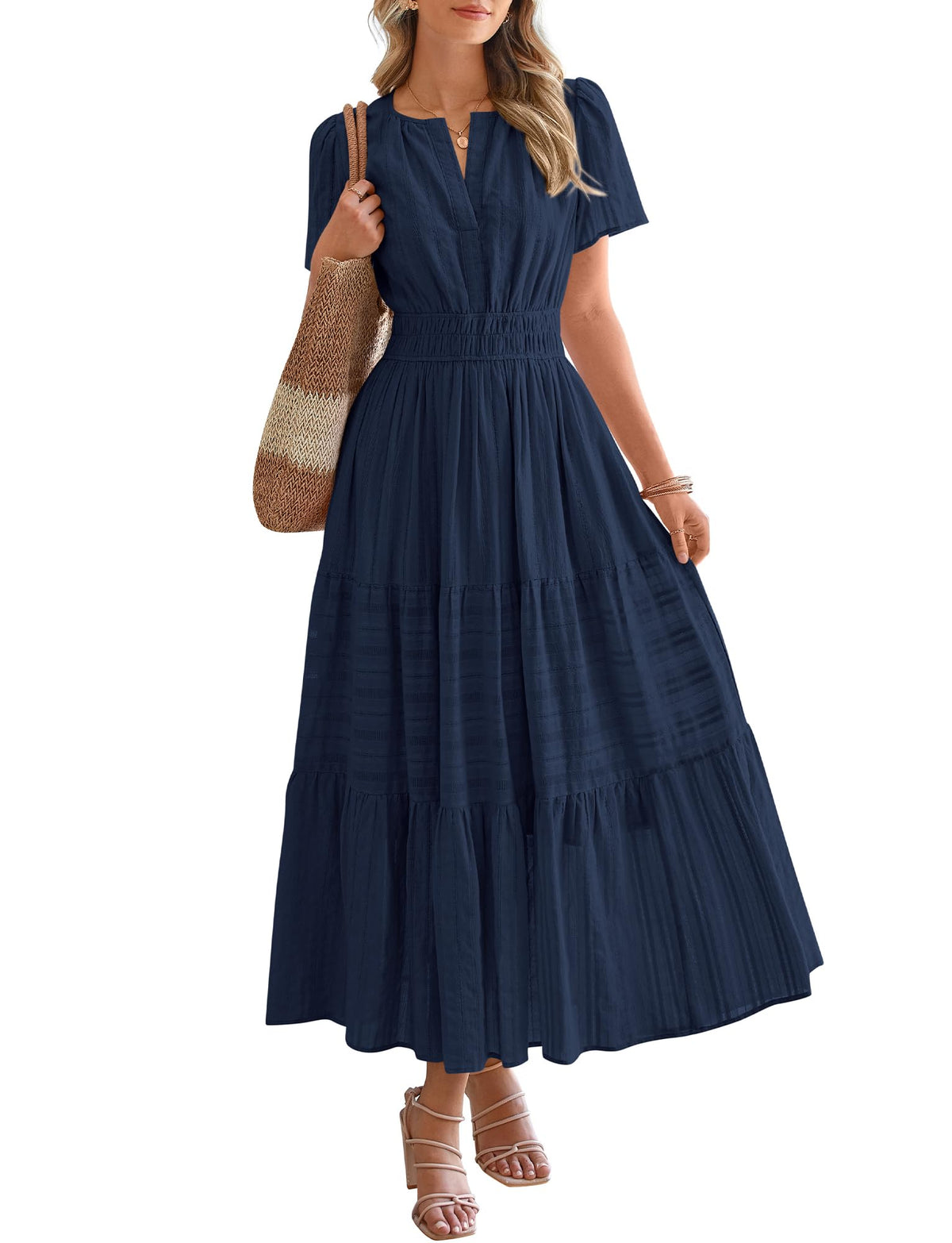 BTFBM - Vestido largo casual de verano 2025 midi y maxi para mujer, ligero, manga corta, cuello en V, cintura elástica, con bolsillos, bohemio para playa