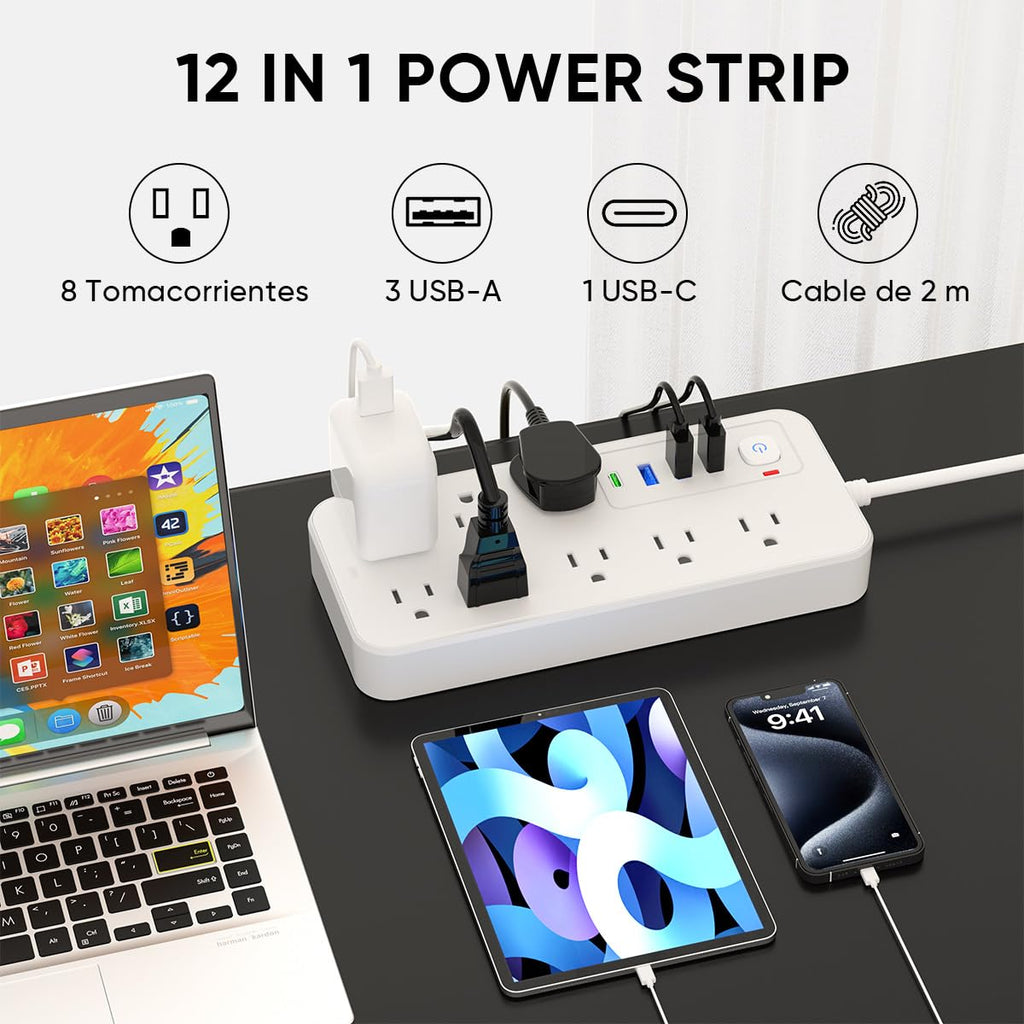 LUKITO Multicontacto Regleta 12 En1, Extensión Eléctrica con Protección contra Sobrecargas, Conector Multiple para Escritorio con Cable De 1.8m, 8 Salidas CA Y 4 Puertos USB (1 USB-c)