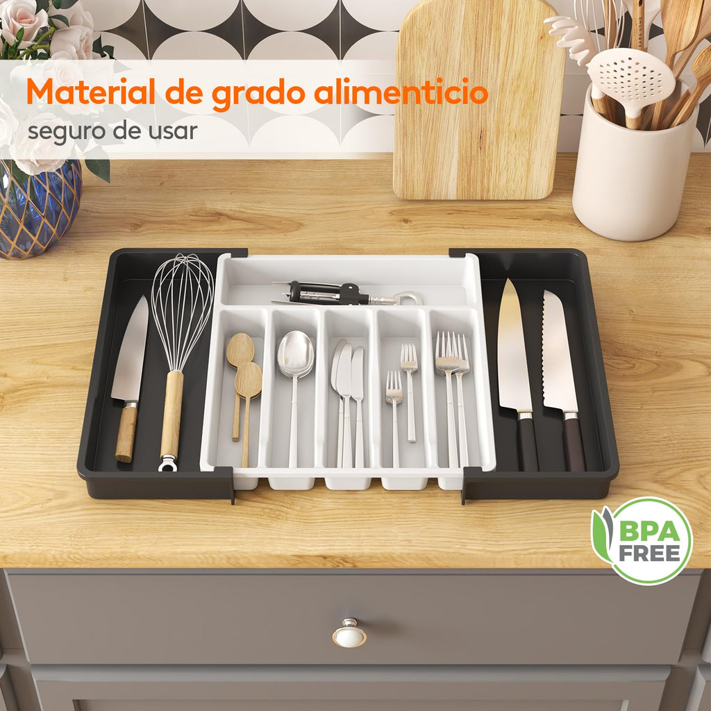 Lifewit Organizador de cubiertos, bandeja extensible para cubiertos, cubertero para cajón de cocina, organizador ajustable y compacto para cucharas, tenedores y cuchillos, grande, negro