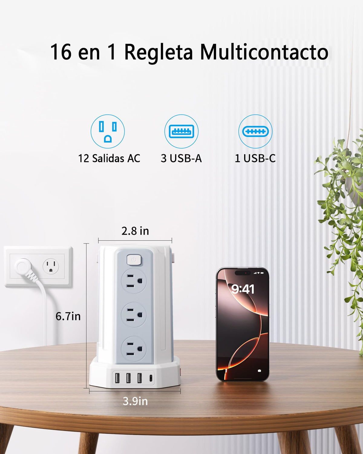 SMALLRT Torre Regleta Multicontacto,3.04M Plana Extension Electrica,Negro