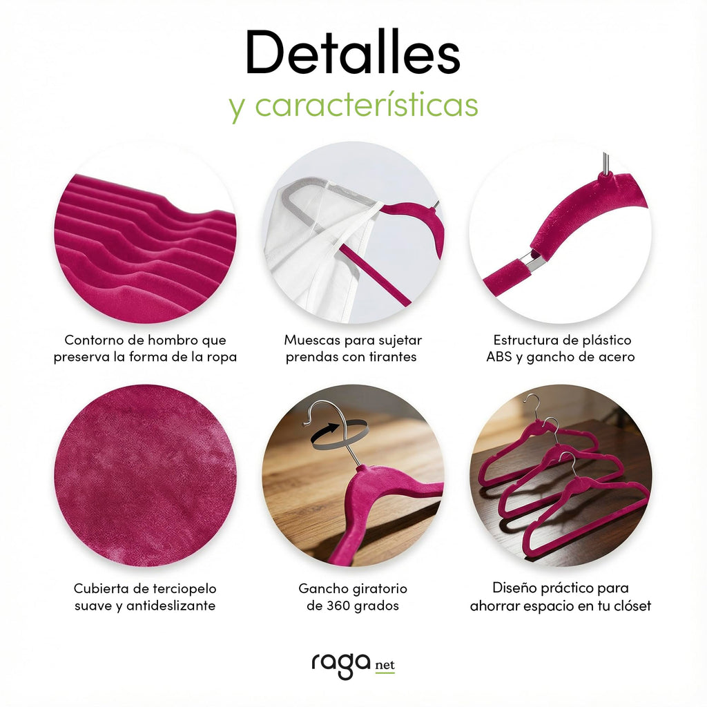 RagaBasics, Set de 50 Ganchos Metalicos Cubiertos con Terciopelo, Perchas de Alta Calidad, Gancho con Rotacion 360°, Ganchos Antideslizantes y Resistentes (Negro)