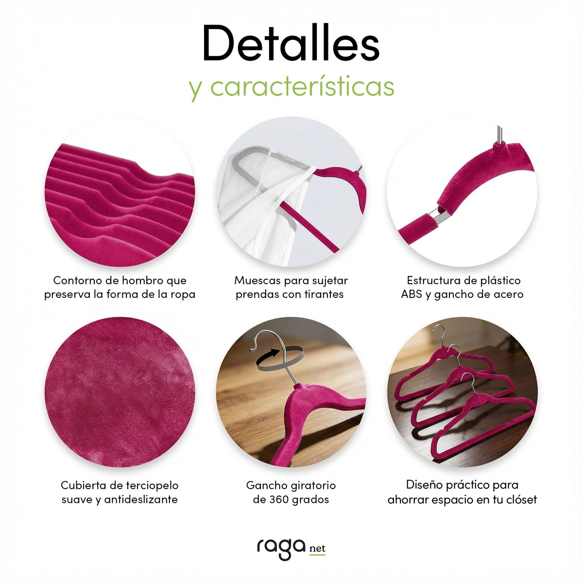 RagaBasics, Set de 50 Ganchos Metalicos Cubiertos con Terciopelo, Perchas de Alta Calidad, Gancho con Rotacion 360°, Ganchos Antideslizantes y Resistentes (Negro)