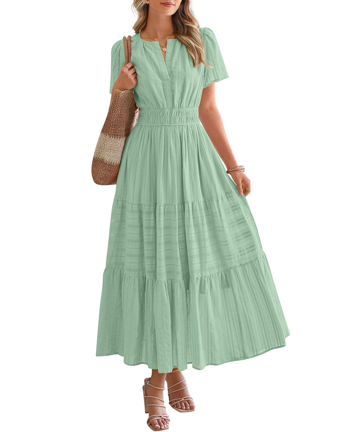 BTFBM - Vestido largo casual de verano 2025 midi y maxi para mujer, ligero, manga corta, cuello en V, cintura elástica, con bolsillos, bohemio para playa