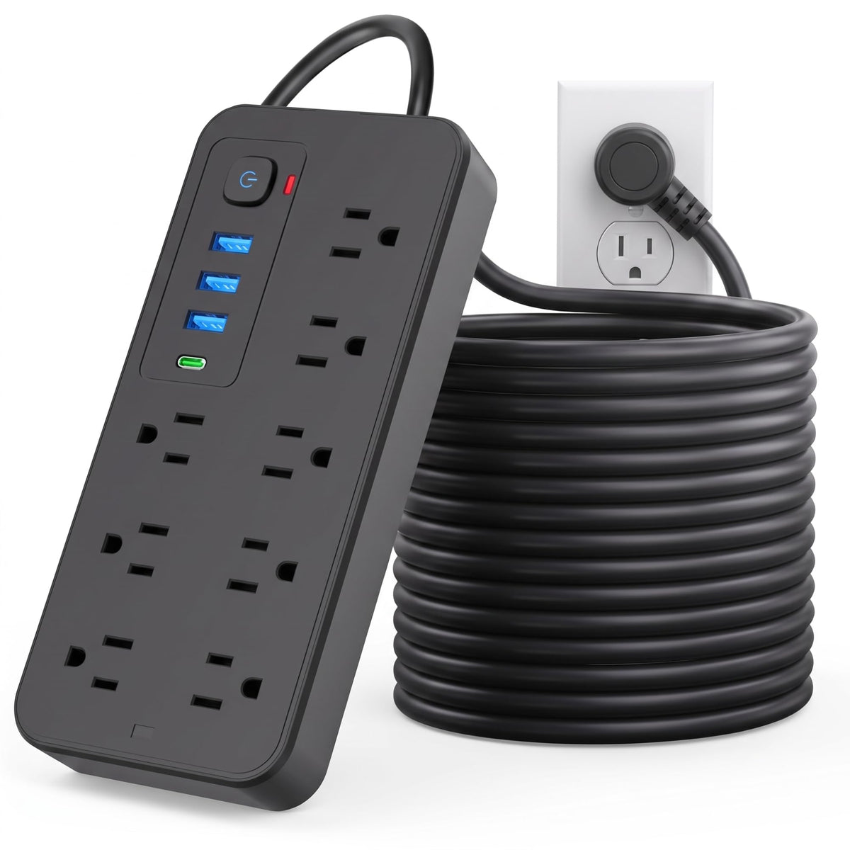 LUKITO Multicontacto Regleta 12 En1, Extensión Eléctrica con Protección contra Sobrecargas, Conector Multiple para Escritorio con Cable De 1.8m, 8 Salidas CA Y 4 Puertos USB (1 USB-c)