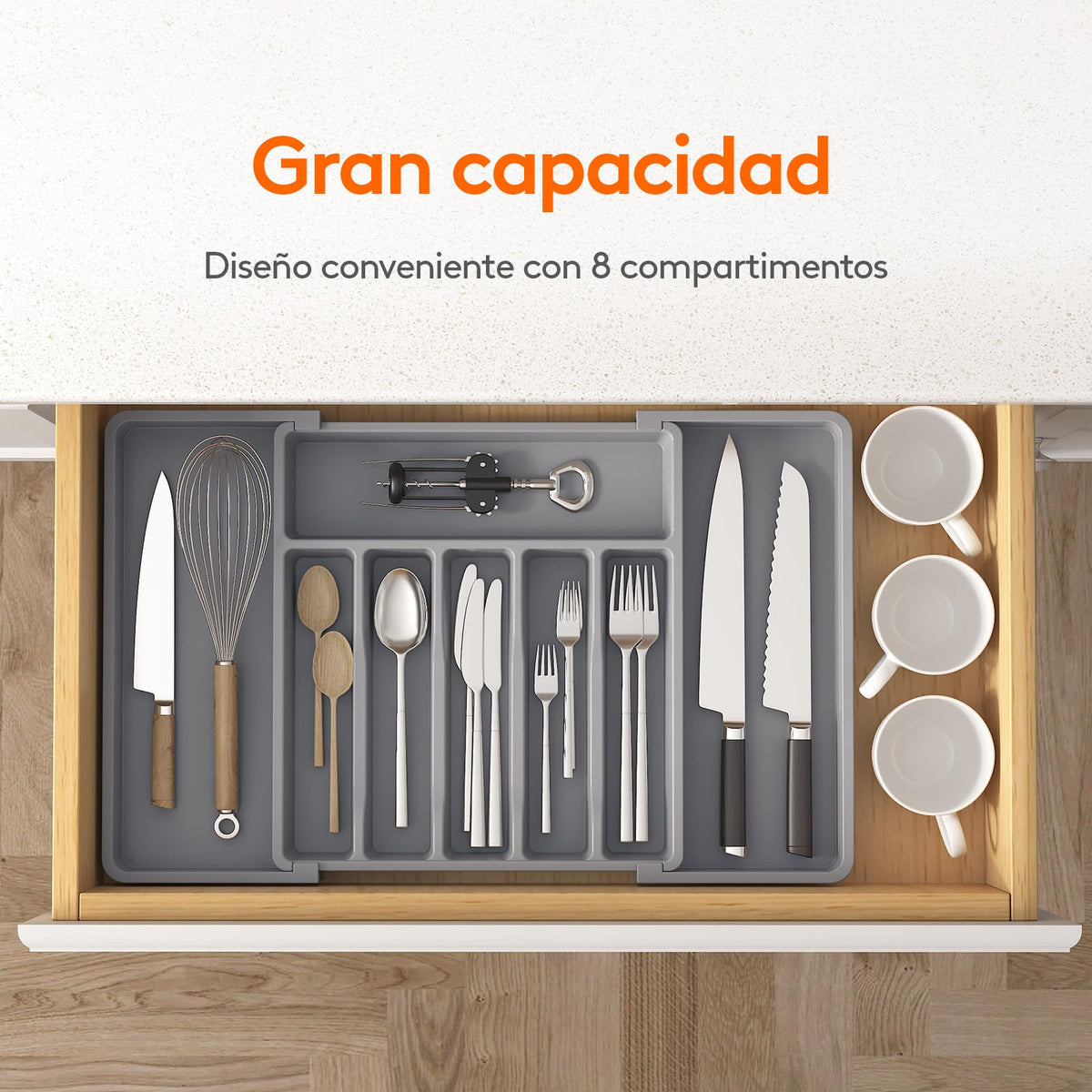 Lifewit Organizador de cubiertos, bandeja extensible para cubiertos, cubertero para cajón de cocina, organizador ajustable y compacto para cucharas, tenedores y cuchillos, grande, negro