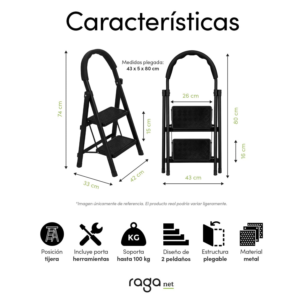 Raganet, Escalera de Tijera de 3 Peldaños, Escalera Tubular, Escalera Plegable Hecha de Acero Inoxidable, Escalones y Patas Antideslizantes, Altura Maxima 111cm Color Blanco (3 Peldaños)
