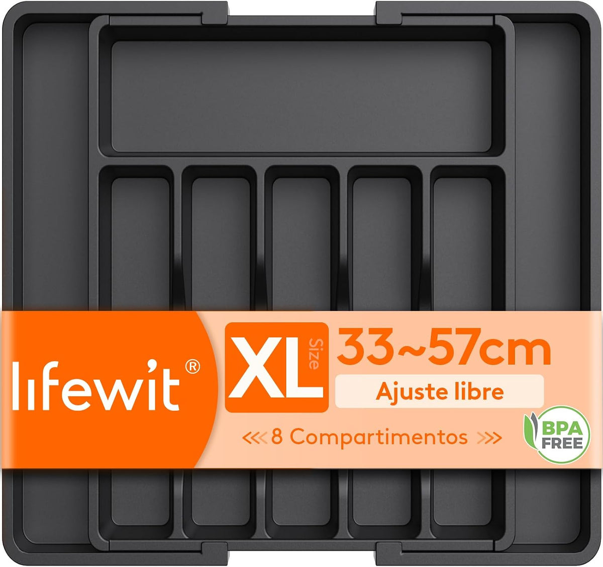 Lifewit Organizador de Cubiertos, Bandeja para Cubiertos Extensible, Cubertero para Cajón para Menaje, Organizador de Cubertería Ajustable y Compacto para Cucharas Tenedores Cuchillos, Grande, Negro