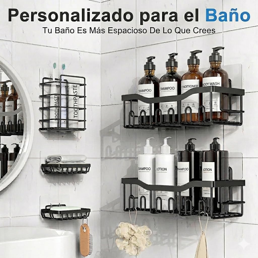 Paquete de 5 estantes para ducha con adhesivos, jabonera, cesta organizadora a prueba de óxido, sin taladrar, estante de almacenamiento (Paquete de 5)