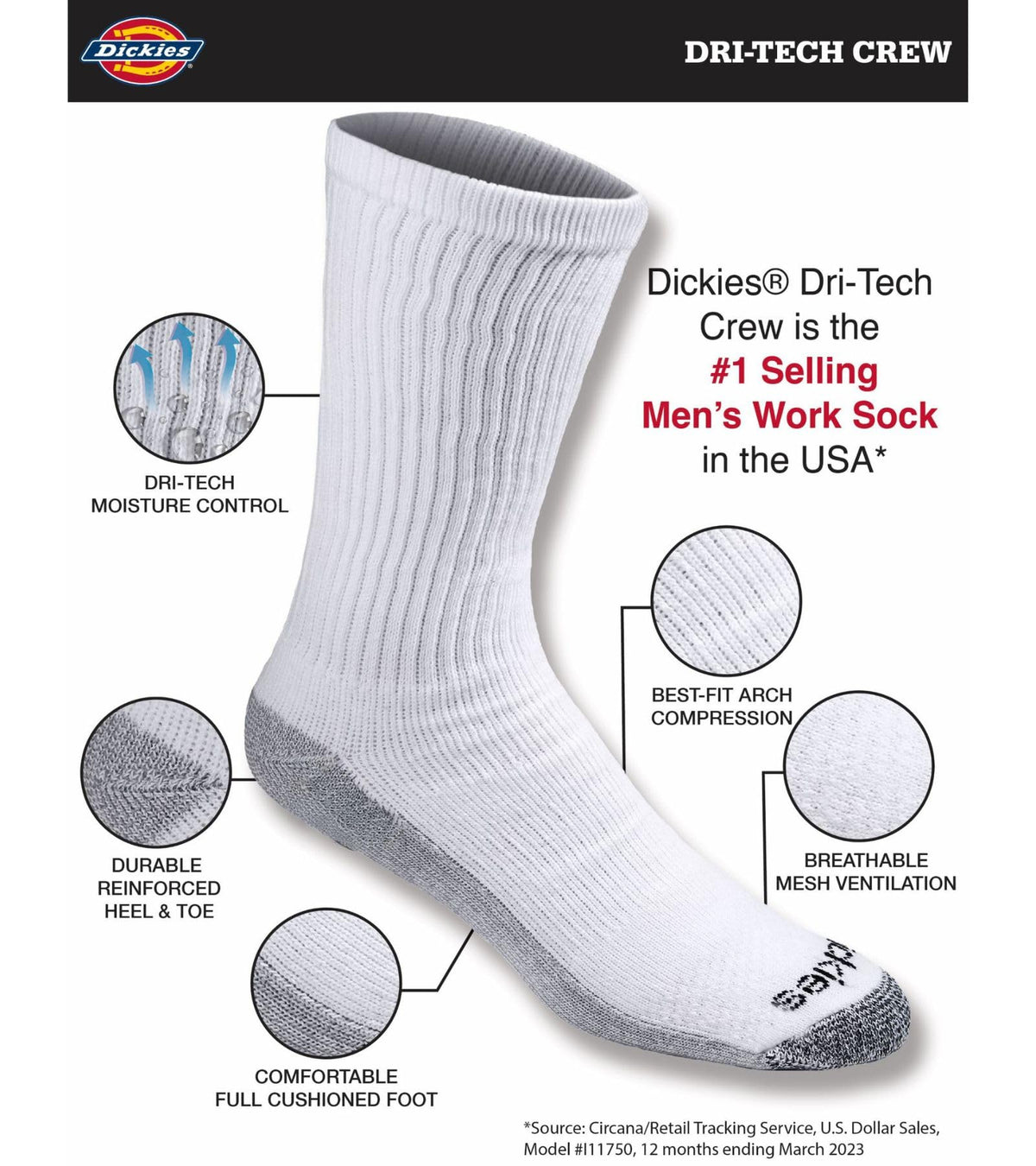 Calcetines Dickies Dri-tech Original para hombre con control de humedad, estilo crew, disponibles en tallas M-XXL (paquetes de 6, 12 y 18 pares)