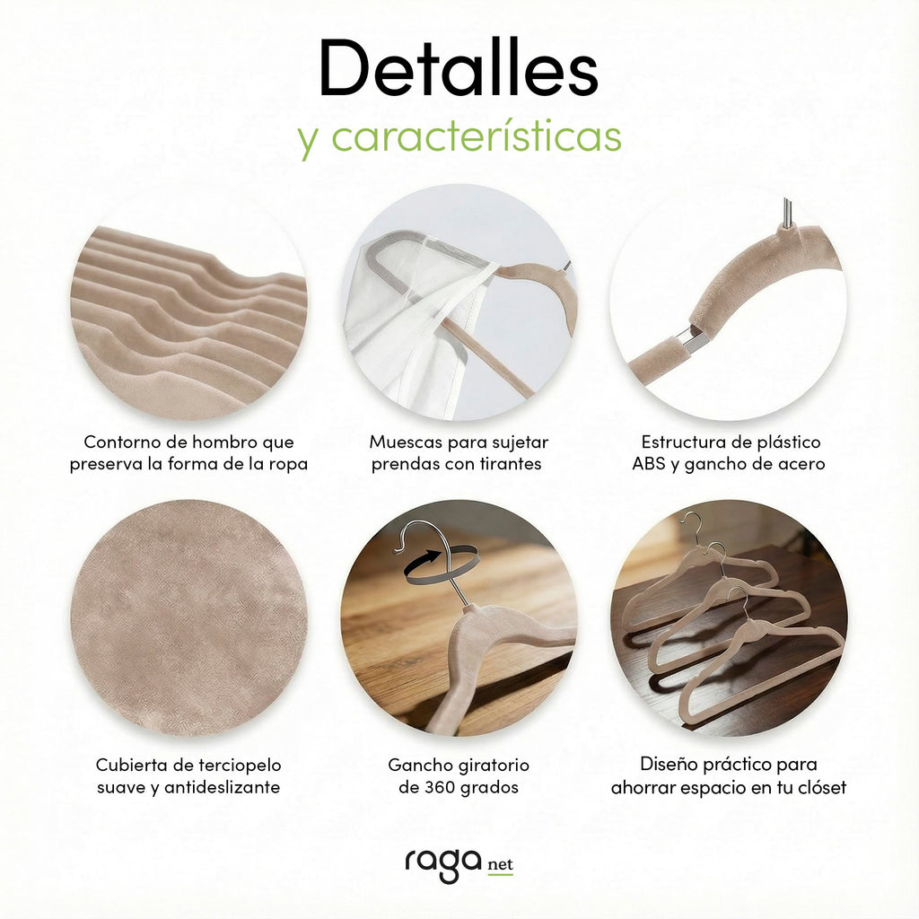RagaBasics, Set de 50 Ganchos Metalicos Cubiertos con Terciopelo, Perchas de Alta Calidad, Gancho con Rotacion 360°, Ganchos Antideslizantes y Resistentes (Negro)