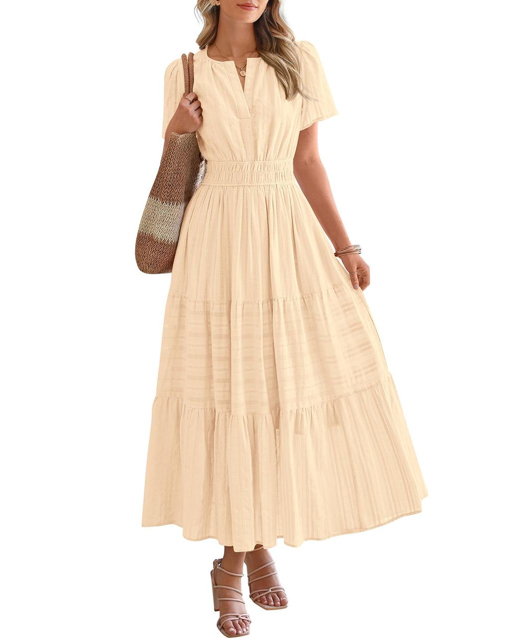 BTFBM - Vestido largo casual de verano 2025 midi y maxi para mujer, ligero, manga corta, cuello en V, cintura elástica, con bolsillos, estilo bohemio para playa