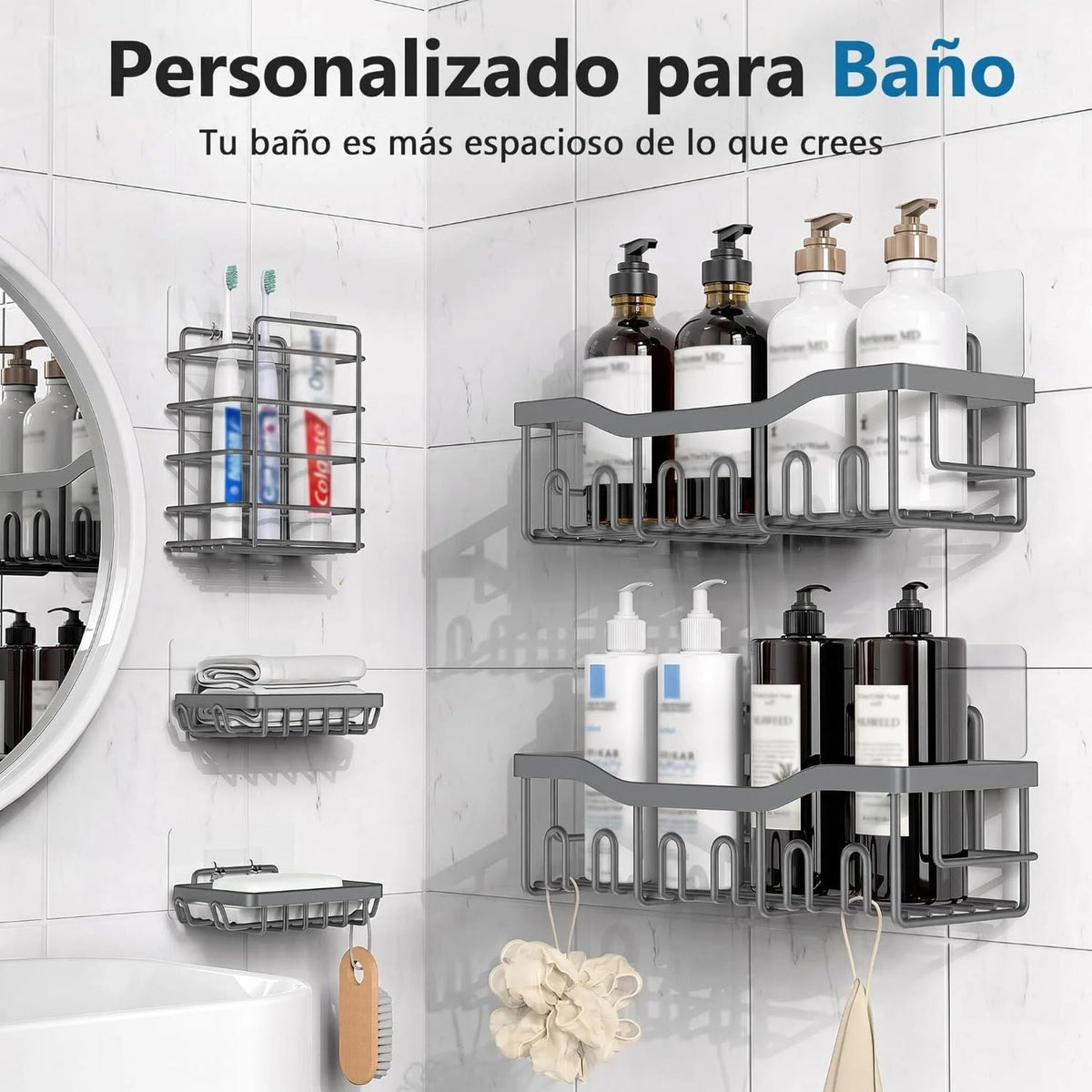 Paquete de 5 estantes para ducha con adhesivos, jabonera, cesta organizadora a prueba de óxido, sin taladrar, estante de almacenamiento (Paquete de 5)