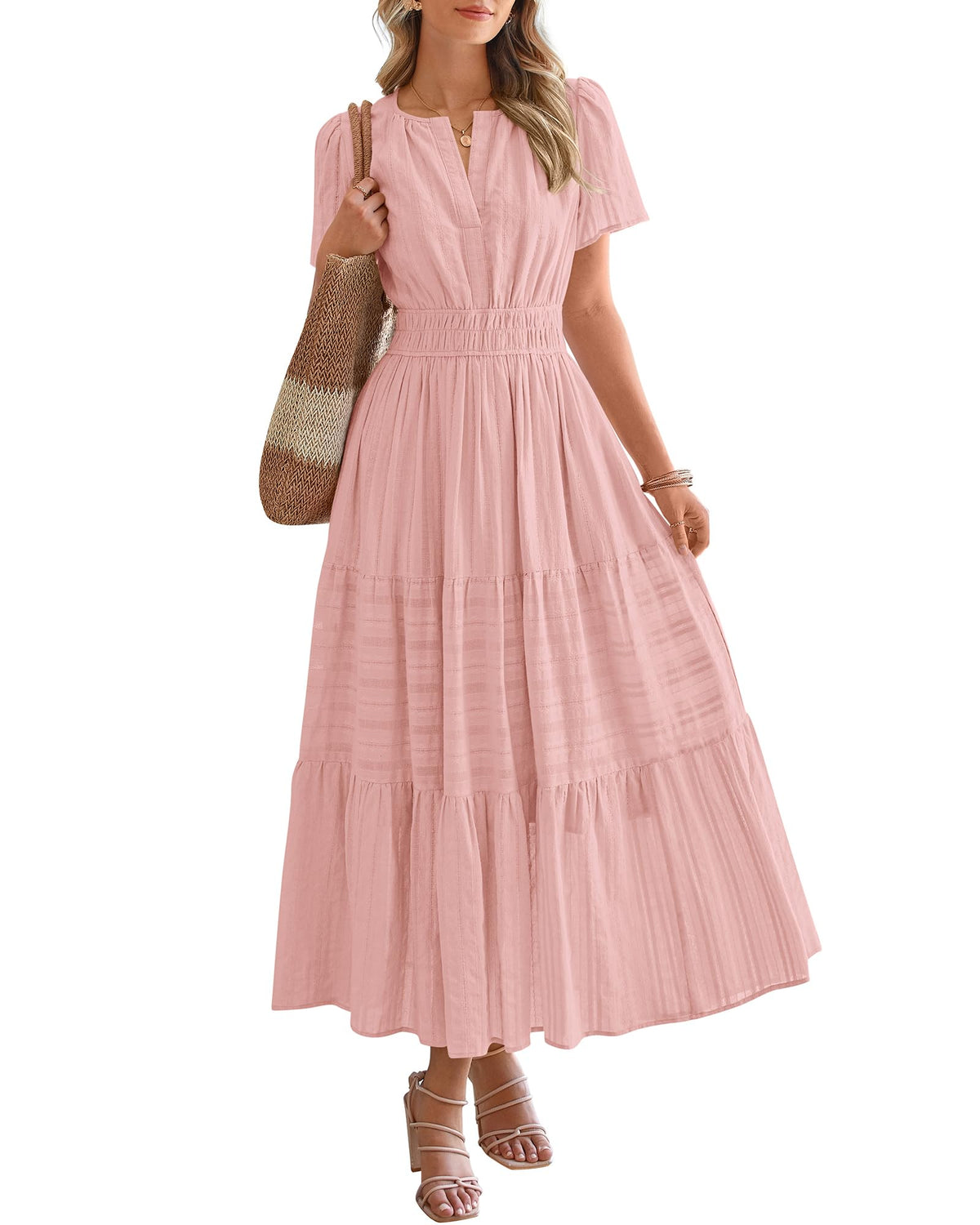 BTFBM - Vestido largo casual de verano 2025 midi y maxi para mujer, ligero, manga corta, cuello en V, cintura elástica, con bolsillos, bohemio para playa