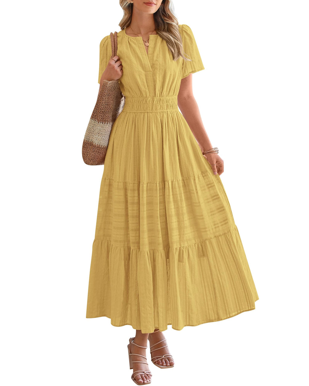 BTFBM - Vestido largo casual de verano 2025 midi y maxi para mujer, ligero, manga corta, cuello en V, cintura elástica, con bolsillos, estilo bohemio para playa