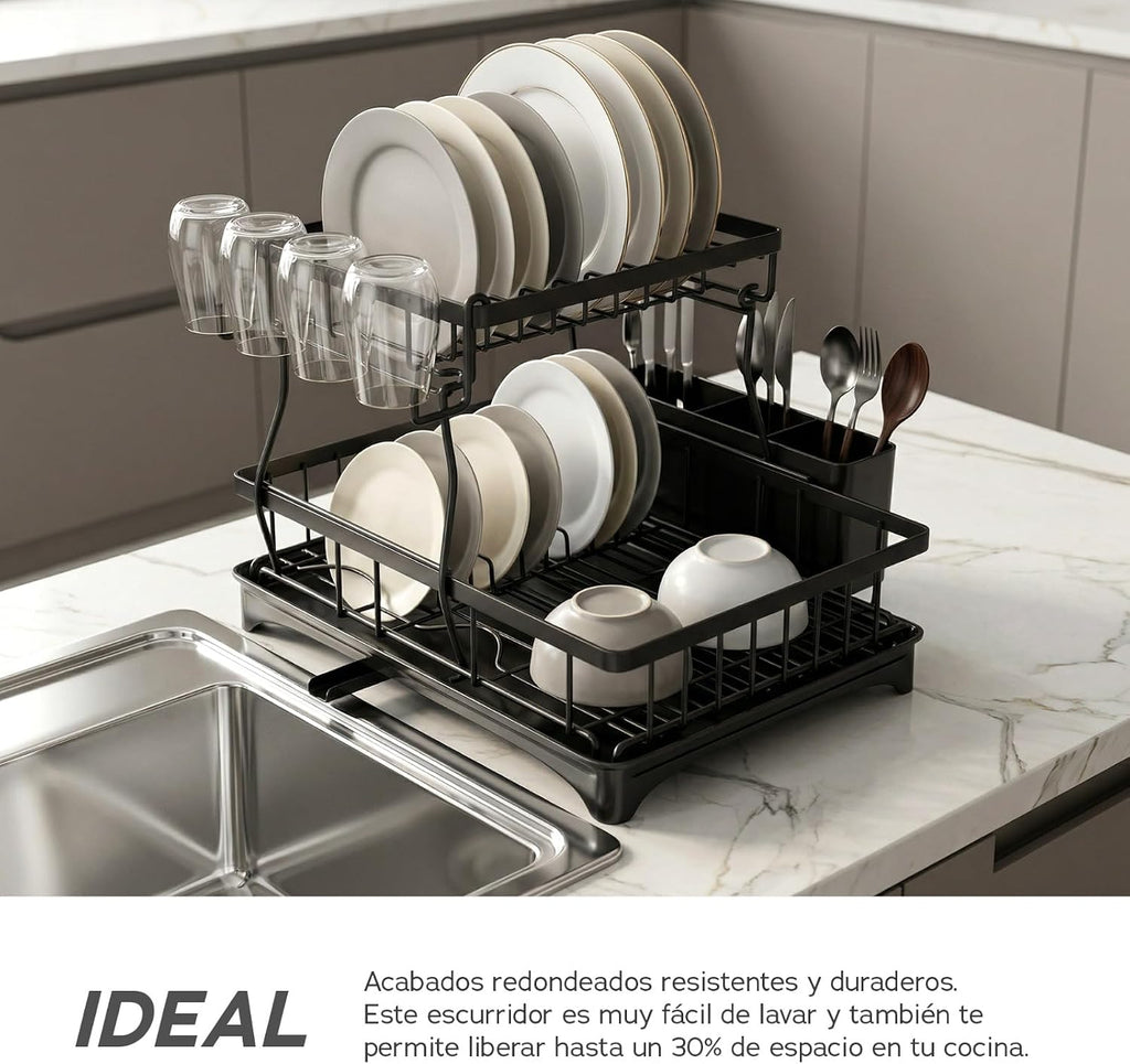Raganet, Escurridor de Trastes Profesional 2 Niveles, Diseño de Acero Inoxidable Color Negro con Bandeja de Canaleta en 360°, Soporte de Vajilla, Vasos, Cubiertos y Accesorios de Cocina (42 x 33 cm)