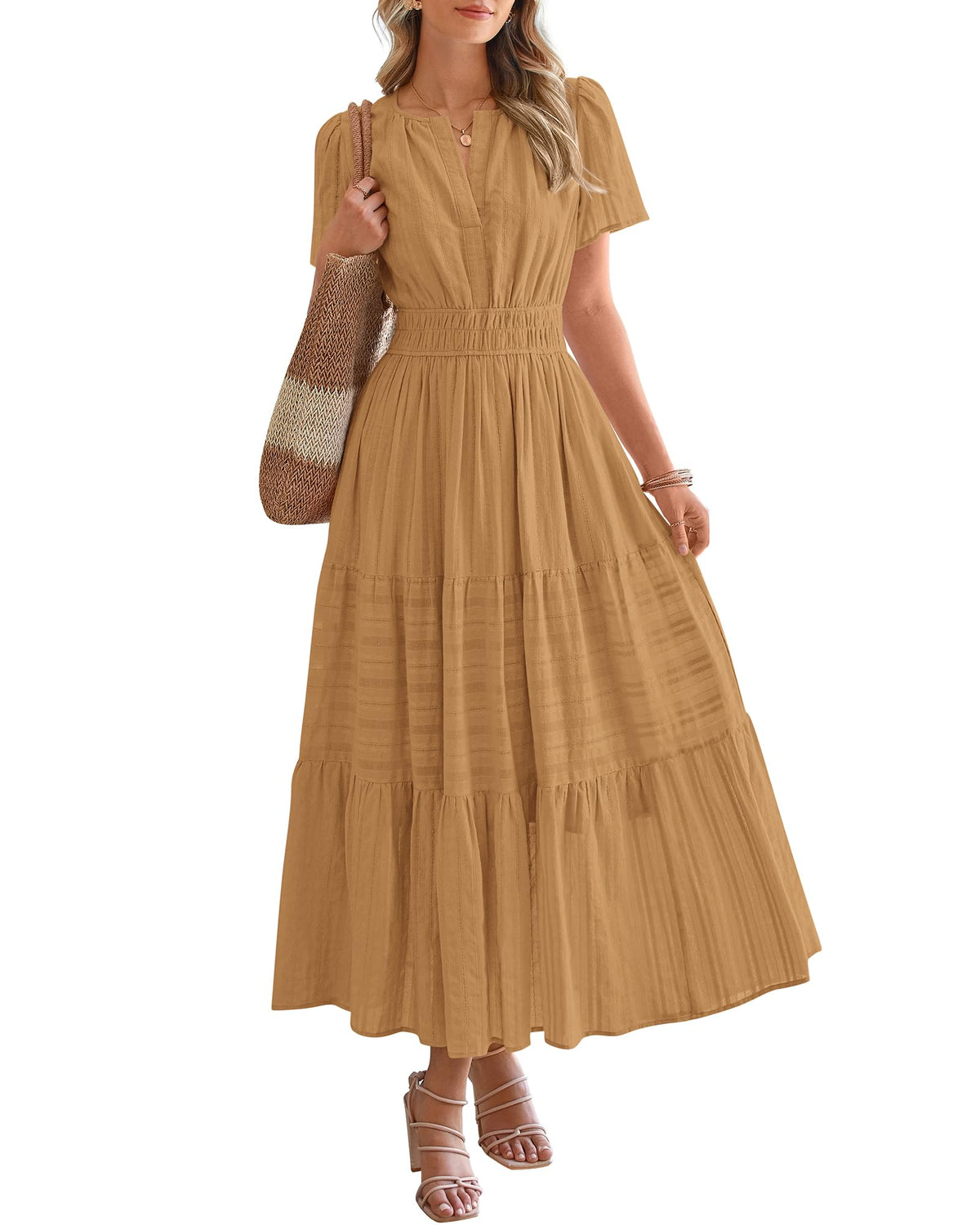 BTFBM - Vestido largo casual de verano 2025 midi y maxi para mujer, ligero, manga corta, cuello en V, cintura elástica, con bolsillos, bohemio para playa